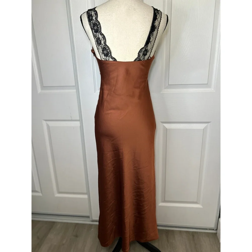 NWT Abercrombie & Fitch Satin Brown Black Lace Trim Slip Midi Dress XS Party - Picture 5 of 8
